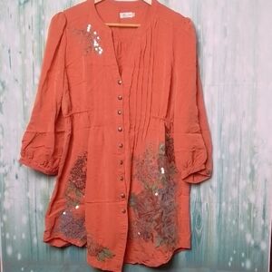 Tasha Polizzi Peach Button Down Tunic Embroidered With Sequins Large